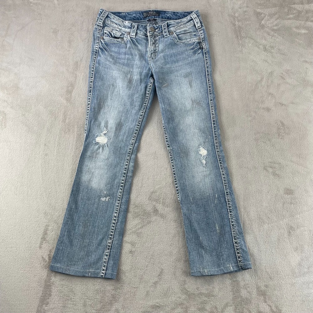 Silver‎ Suki Jeans Women 29x29 Blue Distressed BootCut Embroidered Back Pockets